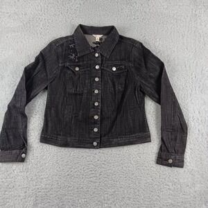 Cato Womens Black Denim Jacket Floral Embroidered Trucker Coat Size Medium M